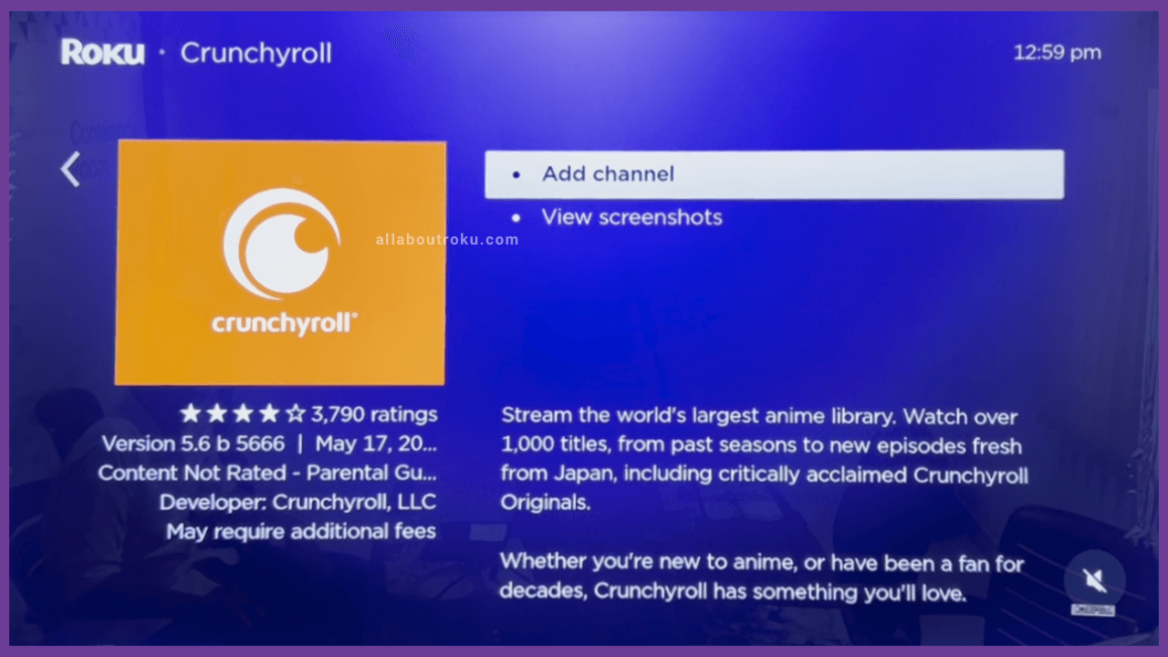 Click Add Channel to to Install Crunchyroll on Roku