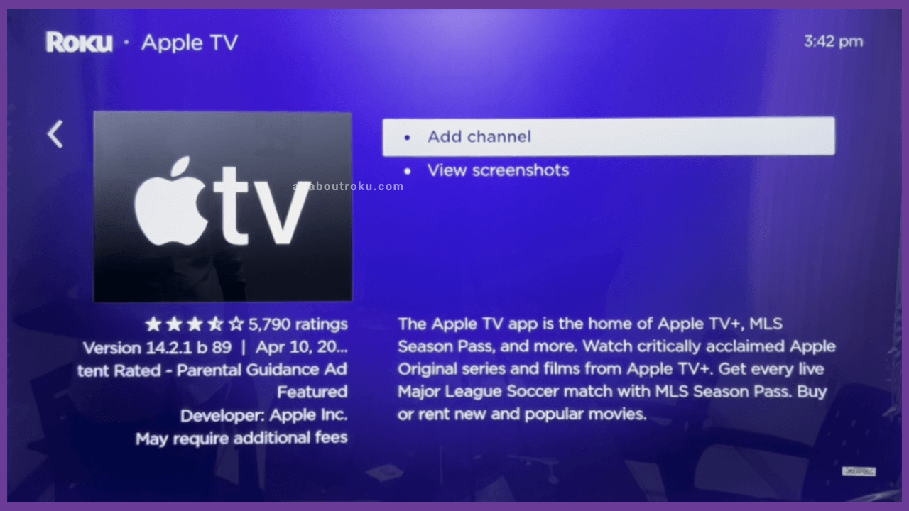 Click Add channel to Install Apple TV on Roku