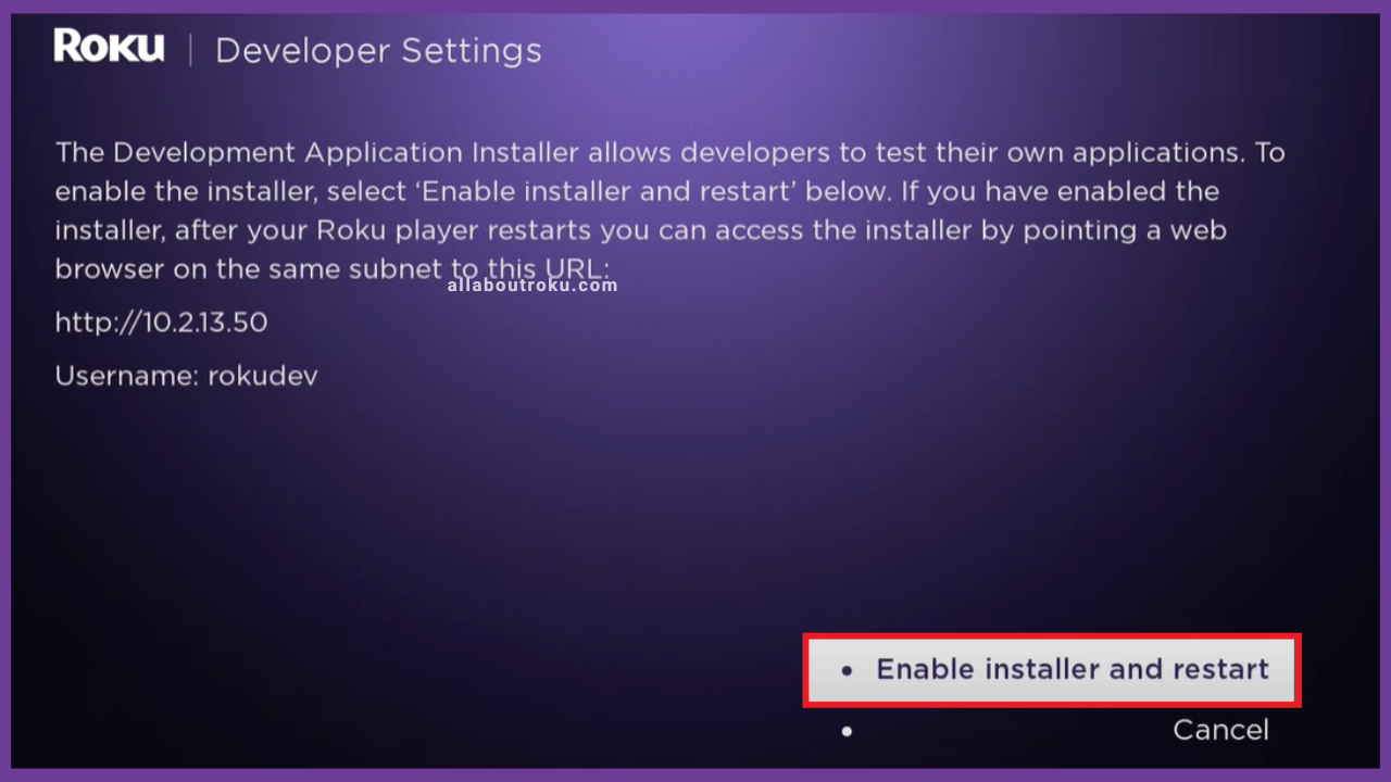 Note the IP Address and Select Enable installer and restart